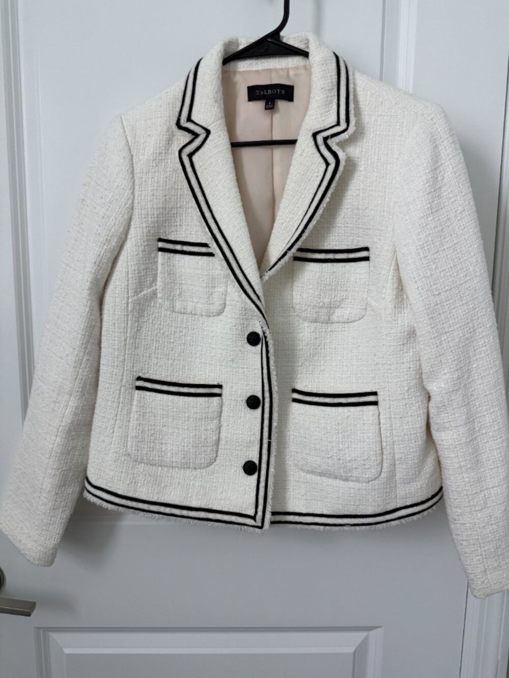 Talbots Tweed Blazer Ivory Black Piping Fringe Jacket Size 8 - Picture 6 of 6